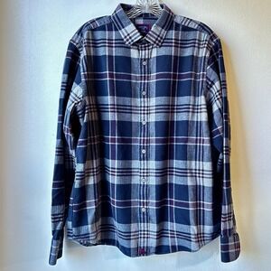 Untuckit Flannel Button Up Shirt Large Blue Gray Plaid Outdoors Cotton